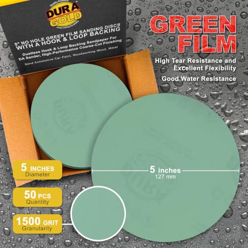 Dura-Gold 5" Green Film Sanding Discs, 1500 Grit, Box of 50, Hook & Loop - size: 1500-Grit
