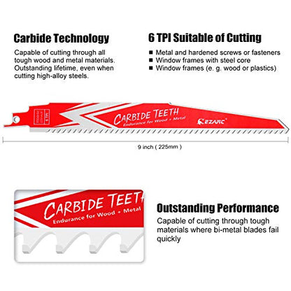 EZARC Carbide Reciprocating Saw Blades, 9-Inch 6TPI, Wood, Metal, 3-Pack - size: 9 Inch, style: 6 TPI