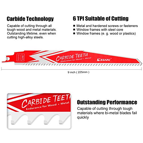 EZARC Carbide Reciprocating Saw Blades, 9-Inch 6TPI, Wood, Metal, 3-Pack - size: 9 Inch, style: 6 TPI