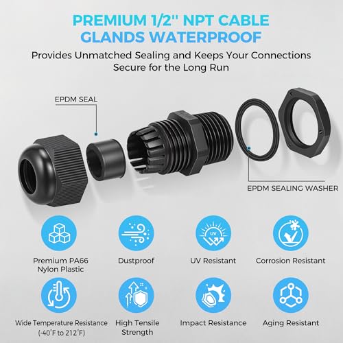 10PCS 1/2 inch NPT Cable Gland Waterproof IP68, Fits 6-12mm Cable