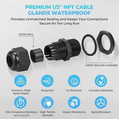 10PCS 1/2 inch NPT Cable Gland Waterproof IP68, Fits 6-12mm Cable