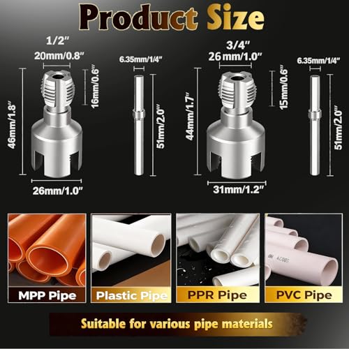 7 Pack PVC Pipe Threader, Pipe Thread Cutting Tool, Pipe Tapping and Threading Tool Kit, PVC Threader for Drill, Rethreading Tool with 1/2'' and 3/4'' Dies, Gloves and Tape for Plumbing Repair