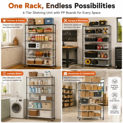 Meet perfect 6-Tier Rolling Shelving Unit with PP Board Shelves - color: Black, size: 6-Tier, 82"H x 45"W x 18"D,PP Shim