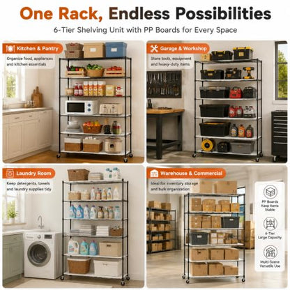 Meet perfect 6-Tier Rolling Shelving Unit with PP Board Shelves - color: Black, size: 6-Tier, 82"H x 45"W x 18"D,PP Shim
