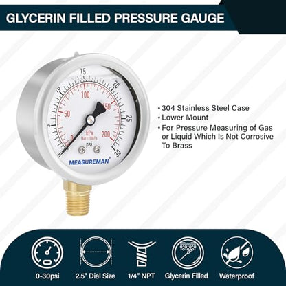 MEASUREMAN 2-1/2inch Dial Size, Oil Filled Pressure Gauge, 0-30psi/kpa, 304 Stainless Steel Case, 1/4 inchNPT Lower Mount - size: 0-30 psi, style: Lower Mount