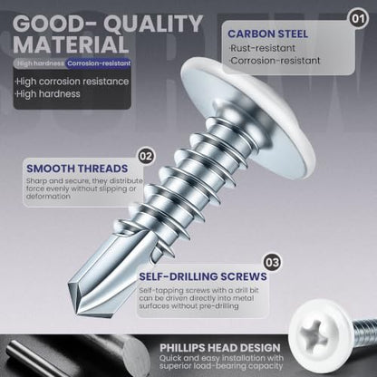 200 PCS #8 x 1 Sheet Metal Screws, Phillips Modified Truss Head Self Drilling Screws, Zinc-Plated, White Head Self Tapping Screws for Metal, Wood, Plastic, Double-Ended Bit Included - color: White, size: #8 x 1"