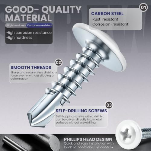 200 PCS #8 x 1 Sheet Metal Screws, Phillips Modified Truss Head Self Drilling Screws, Zinc-Plated, White Head Self Tapping Screws for Metal, Wood, Plastic, Double-Ended Bit Included - color: White, size: #8 x 1"