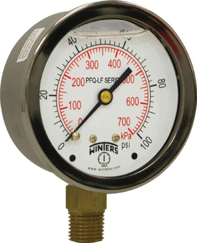 Winters 2-1/2" Dial Size, Liquid Filled Pressure Gauge, Potable Brass Internals, 304 Stainless Steel Case, Dual Scale 0-100 psi/kPa, 1.5% Acc, 1/4" NPT Bottom Mount, Drinking Water Pressure Gauge - style: 0/100 PSI/kPa