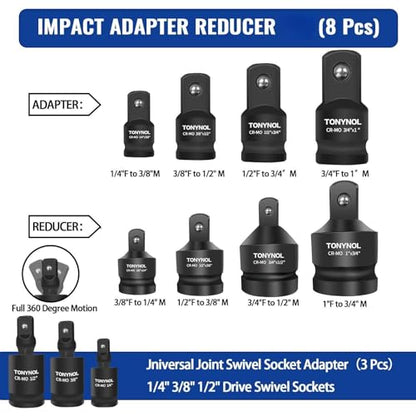 TONYNOL 11pcs Impact Adapter and Reducer Set and Universal Joint Swivel Socket Adapter Set, 1/4" 3/8" 1/2" 3/4" 1" Drive Socket Adapter Set, Cr-Mo Steel,With a Storage Case. - size: 11PCS CR-MO