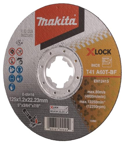 Makita E-00474 X-Lock 5" x .045" x 7/8" Type 1 General Purpose 60 Grit Thin Cut‑Off Wheel for Metal and Stainless Steel Cutting