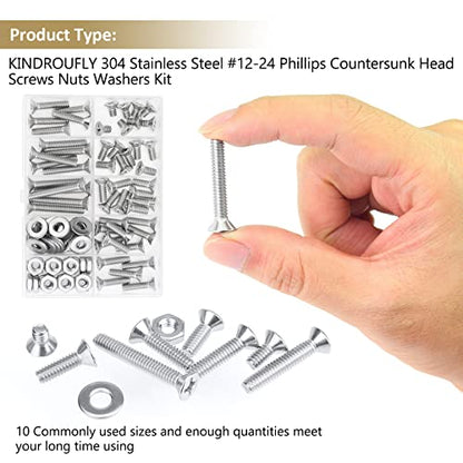 104 Pieces #12-24x 3/8", 1/2", 5/8", 3/4", 7/8", 1", 1-1/4", 1-1/2",Phillips Countersunk Head Machine Screws Nuts Washers Assortment Kit, 304 Stainless Steel, Fully Machine Thread - size: #12-24