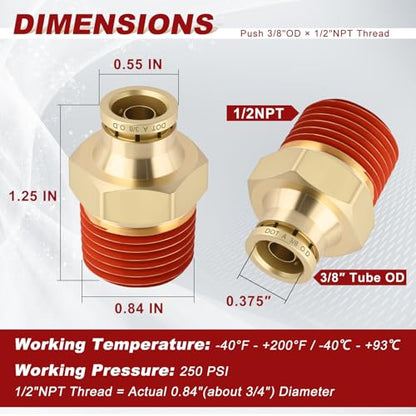 DOT Approved Male Straight Brass Union 3/8" Tube x 1/2" NPT, 10PCS - size: 3/8" OD x 1/2" NPT