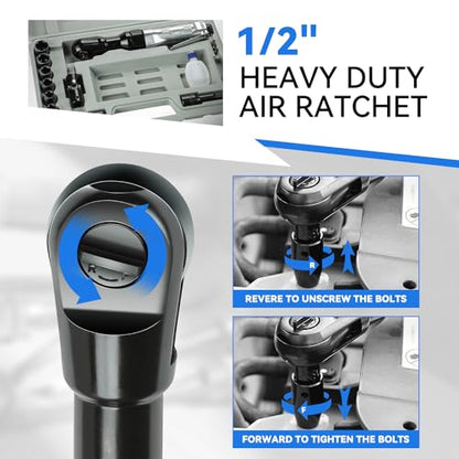 Auto Dynasty 17 Pieces 1/2" Air Ratchet Wrench Kit Set Heavy-Duty Aluminum Body, 50 ft-lb Max Torque, 160 RPM Speed, Versatile Pneumatic Sockets