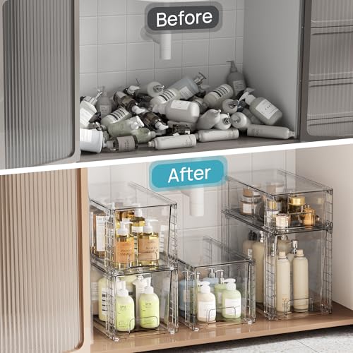 Vtopmart 3 Pack Clear Stackable Storage Drawers,Easy to Assemble Bathroom Organizers and Storage with handles,Plastic Drawers for Kitchen Pantry,Cabinet,Under Sink Organization - style: 1 Large+1 Medium+1 Small