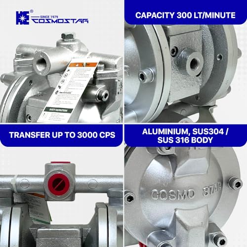 COSMOSTAR D0902 3/8" Double Air Diaphragm Pump, Aluminum Body, Teflon Ball, seat and Diaphragm, Pump Muffler, Pump, Chemical Pump, Waste Oil Pump, Pneumatic Oil Pump, Diaphragm Pumps - size: D0902 3/8" Aluminum