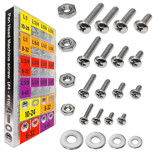 EEEEE 725pcs Phillips Pan Head SAE #4#6#8#10 Machine Screw Assortment Kit Assorted Screws 304 Stainless Steel and Nut Set Flat Washers Nuts Hardware with Snap Lock Case - size: SAE Pan Head Silver Machine Screw