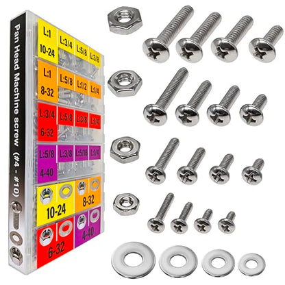 EEEEE 725pcs Phillips Pan Head SAE #4#6#8#10 Machine Screw Assortment Kit Assorted Screws 304 Stainless Steel and Nut Set Flat Washers Nuts Hardware with Snap Lock Case - size: SAE Pan Head Silver Machine Screw