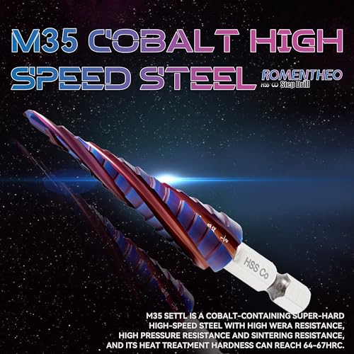 Four Spiral Flute Cobalt Step Drill Bit(Pro),M35 High Speed Steel,1/4" Hex Shank Step Bits for Metal, Stainless Steel, Aluminum, Plastic,1/8" - 1/2"(13 Step Size) - size: 1/8" - 1/2"