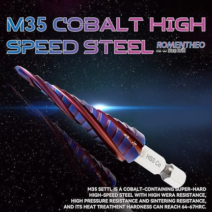Four Spiral Flute Cobalt Step Drill Bit(Pro),M35 High Speed Steel,1/4" Hex Shank Step Bits for Metal, Stainless Steel, Aluminum, Plastic,1/8" - 1/2"(13 Step Size) - size: 1/8" - 1/2"