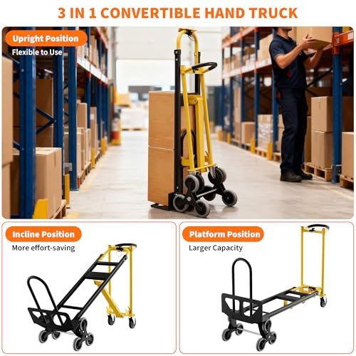 3-in-1 Heavy Duty Convertible Hand Truck, 800 Lbs Capacity Dolly Cart, Aluminum Dolly Hand Truck with Stair Climber Wheels, Stair Climbing Cart for Warehouse Transport & Moving(Yellow+Black)