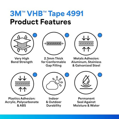 3M VHB Tape 4991, 3/8" x 5 yards, Gray, Double-Sided, Permanent, High Strength, Long-Term Durability