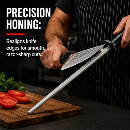 Professional Butcher’s Honing Steel – Round Rod for Chefs, Meat Cutters, and Home Kitchens – Carbon Steel Knife Alignment Tool with Non-Slip Handle (14 inch) - size: 14 inch