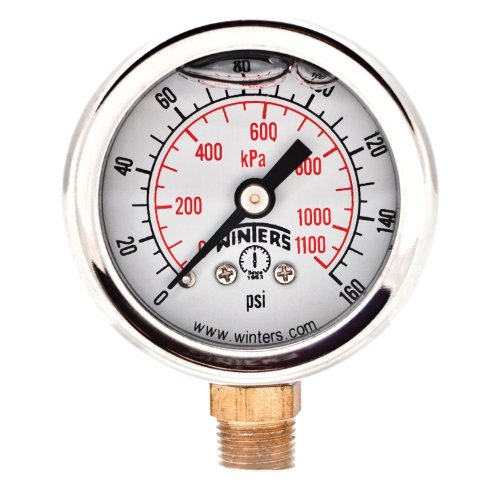 Winters 1-1/2 inch Dial Size, Glycerin Filled Industrial Pressure Gauge, Brass Internals, 304 Stainless Steel Case, Dual Scale 0-160 psi/kPa, 2.5% Acc, 1/8 inch NPT Bottom Mount, Liquid Filled Gauge