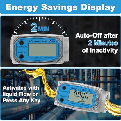 1" 2.6-26 GPM Inline NPT Thread Flowmeter, Digital Turbine Fuel Flow Meter, for Water, Diesel, Gas Oil, Gasoline, and Other Liquids - Supports Gallon, QTS, PTS, L, m³ with 3/4 in Adapters - size: 1 inch & 3/4 inch