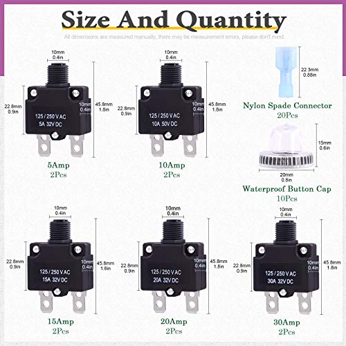 Swpeet 30Pcs 5 Sizes Thermal Circuit Breaker with Quick Connect Terminals and Waterproof Button Caps Assortment Kit, 5Amp 10Amp 15Amp 20Amp 30Amp with Waterproof Push Button for Switch Operation - style: Assortment Kit