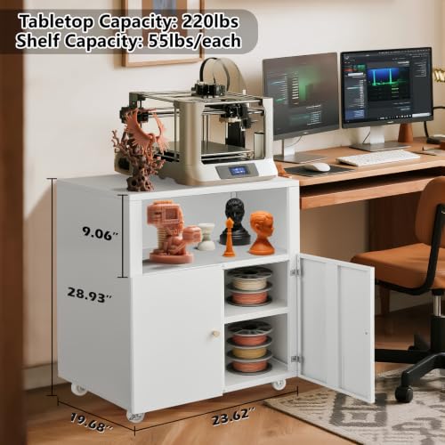 Large Metal Printer Stand Cabinet with Storage and Wheels, White - color: White