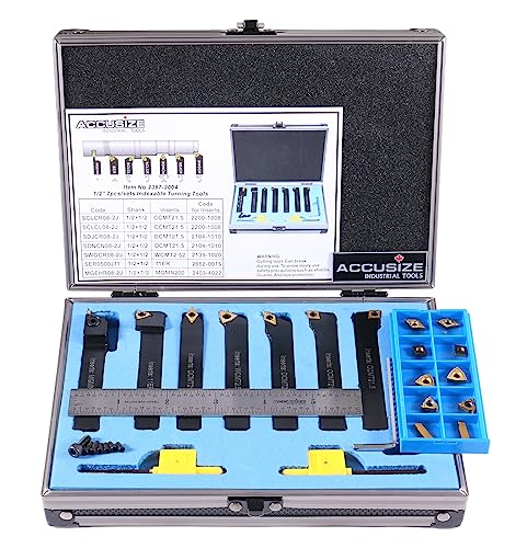 Accusize 1/2 in Shank Indexable Carbide Turning Tool Set, 2387-2004PLUS - size: 7 Pcs, 10 Extra Inserts, for Steel