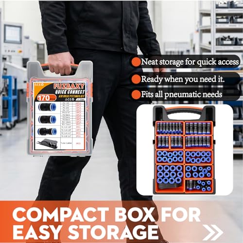 Fuzbaxy170PCS Pneumatic Push-to-Connect Fittings Kit, 1/8" 1/4" 3/8" 1/2" 5/16" NPT Air Hose Connectors with PG Reducer, PA66 Nylon Quick Coupler for Air Compressor, Spray Gun, Water Line & RO System - color: 170PCS with PU/PG