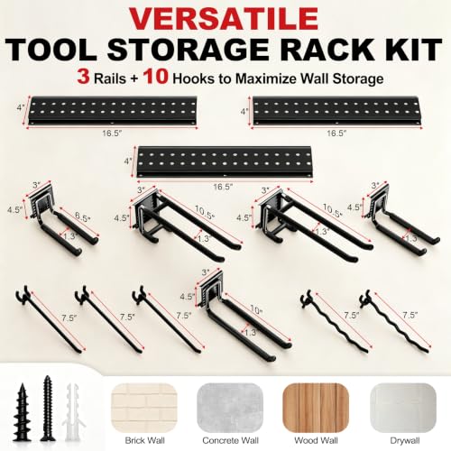Garage Tool Organizer Wall Mount 49.5 inches with 10 Adjustable Heavy-Duty Hooks, Garage Organization, Garden Tool Storage Rack, Yard, and Shed, Holds Up to 400 lbs - size: 49.5" | 3 Panels + 10 Hooks