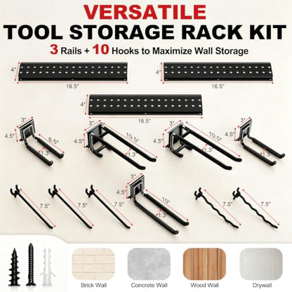 Garage Tool Organizer Wall Mount 49.5 inches with 10 Adjustable Heavy-Duty Hooks, Garage Organization, Garden Tool Storage Rack, Yard, and Shed, Holds Up to 400 lbs - size: 49.5" | 3 Panels + 10 Hooks