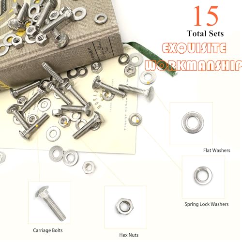 15 Sets 1/4"-20 x1-1/4 Carriage Bolts Round Head Square Neck Screws with Hex Nuts Flat Washers Spring Lock Washers 304 Stainless Steel Full Thread Coverage Square Neck Bolts Assortment Kit - size: 1/4"-20 x1-1/4"-15 Sets