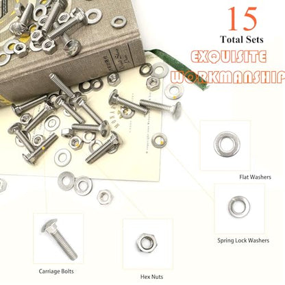 15 Sets 1/4"-20 x1-1/4 Carriage Bolts Round Head Square Neck Screws with Hex Nuts Flat Washers Spring Lock Washers 304 Stainless Steel Full Thread Coverage Square Neck Bolts Assortment Kit - size: 1/4"-20 x1-1/4"-15 Sets