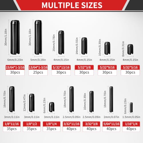 440Pcs Roll Pin Assortment Kit, Slotted Spring Pins, Steel Split Expansion Pin, 13 Sizes 13/64 3/32 1/8 5/32 1/16 5/64 5/32 15/64 Inch for Home Improvement, Automotive Repair,Machinery