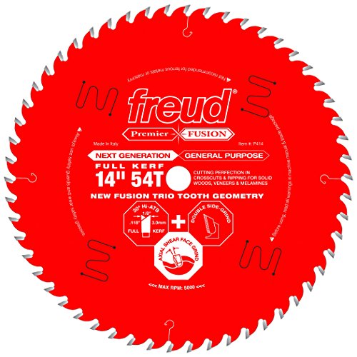 Freud P414: 14" x 54T Premier Fusion General Purpose Blade for Crosscuts (3/8" to 3-1/2") & Rips (3/4" to 1-1/2") wood, laminate, veneered plywood, hardwoods & melamine. - style: Premier Fusion Saw Blade 14 inch by 54t Hi-ATB 30-degree 1 inch arbor Perma-