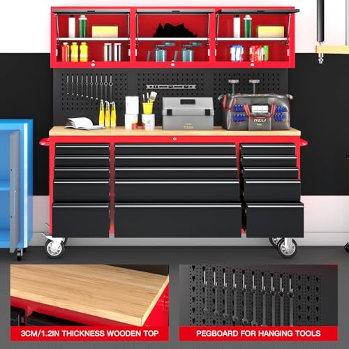 LARBANKE 72" Rolling Tool Chest with 15 Drawers, 1.2" Thick Solid Wood Top - color: Red, size: 15 drawer tool chest and 3 upper cabinet