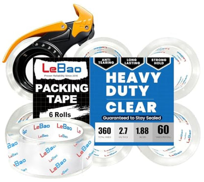 Heavy Duty Packing Tape with Metal Dispenser, 2.7 Mil Ultra-Thick Shipping Tape for Moving & Packaging, 1.88 Inch x 360 Yards, Crystal Clear Tape Refills for Boxes, Easy Start & Long-Lasting - size: 6-PACK, 60yd.x 1.88'' x 2.7mil thick