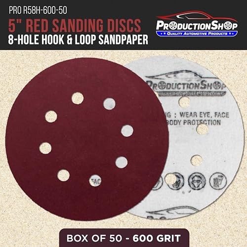 ProductionShop Premium 5" Red 8-Hole Pattern 600 Grit Sanding Discs, Box of 50 - Dustless Hook & Loop Backing Sandpaper for Random Orbital Sanders, Extra-Fine-Cut Abrasive - Woodworking, Auto Paint - style: 600 Grit