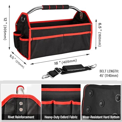 HAUTMEC 16" Foldable Tool Tote Bag, Open Top Tool Bag with Stiff Frame, 16-Pockets Electrician Tool Bag with Padded Steel Handle, Shoulder Strap & Water-Resistant Hard Base – TB0002 - size: 16-Inch, style: Foldable