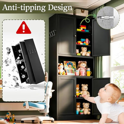 AQY Metal Pantry Cabinet, 72" Black Kitchen Storage Cabinet with Doors - color: Black, style: H72" - 4 Doors Wire Hole Hooks & Vents