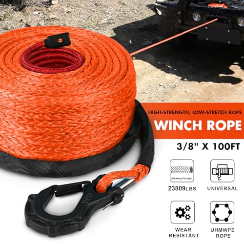 Synthetic Winch Rope, 3/8" x100ft 23809LBS Dyneema Winch Rope 3/8 Heavy Duty Winch Cable with Protective Sleeve Forged Winch Hook for 4WD Off Road Vehicle Truck SUV (Orange) - color: Orange, size: 3/8" x 100'