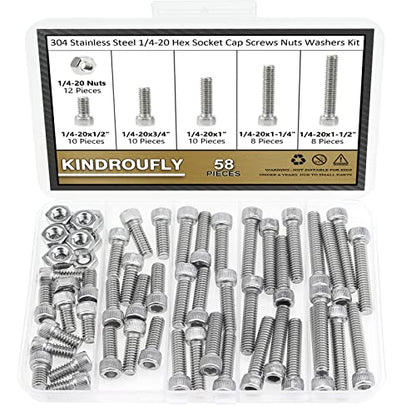 58 Pieces 1/4-20 x 1/2", 3/4", 1", 1-1/4", 1-1/2", Hex Socket Head Cap Screws Nuts Assortment Kit, 304 Stainless Steel, Fully Machine Thread - size: 1/4"-20, style: Socket Head