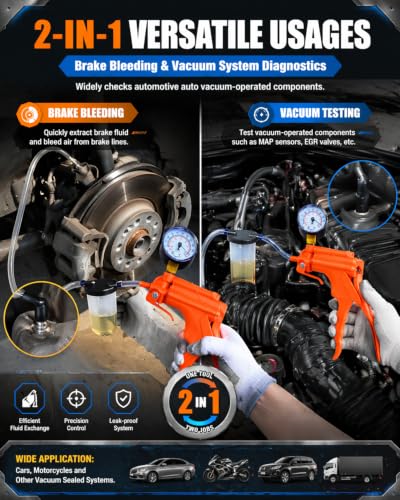 One-Man Brake Bleeding Kit with Hand Vacuum Pump, Dial Gauge and Adapters