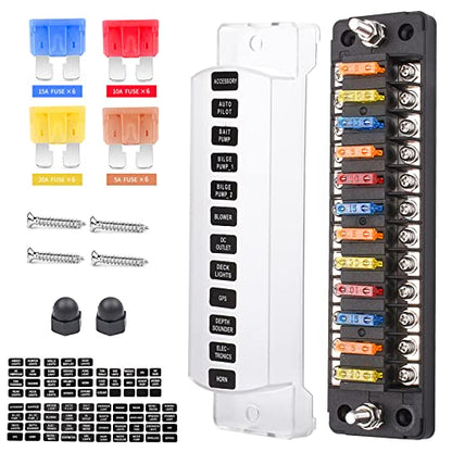 12-Way 12V Fuse Box Blade, 12-Volt Fuseholder, No LED Indicator, Moisture Resistant Cover - with Ground Bus 12-Way Independent Positive Fuseholder for 12V/24V Cars, Car Trucks, Boats, Marine Vehicles - size: 12 Way