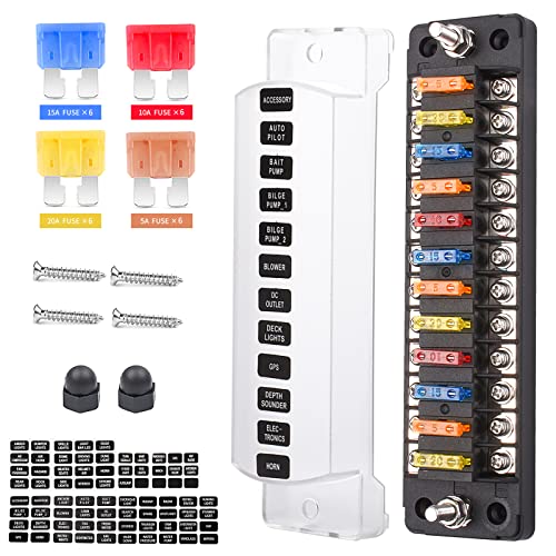 12-Way 12V Fuse Box Blade, 12-Volt Fuseholder, No LED Indicator, Moisture Resistant Cover - with Ground Bus 12-Way Independent Positive Fuseholder for 12V/24V Cars, Car Trucks, Boats, Marine Vehicles - size: 12 Way