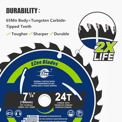 EZee 7-1/4 Inch 24 Teeth with 5/8 Inch Arbor Circular Saw Blades,0.06 Inch Thin Kerf,Tungsten Carbide Tipped(TCT) ATBR Teeth Fine Finish for Various Wood Cutting,Framing,Max RPM 8300(1-Pack) - size: 7-1/4" 24T (1-pack)