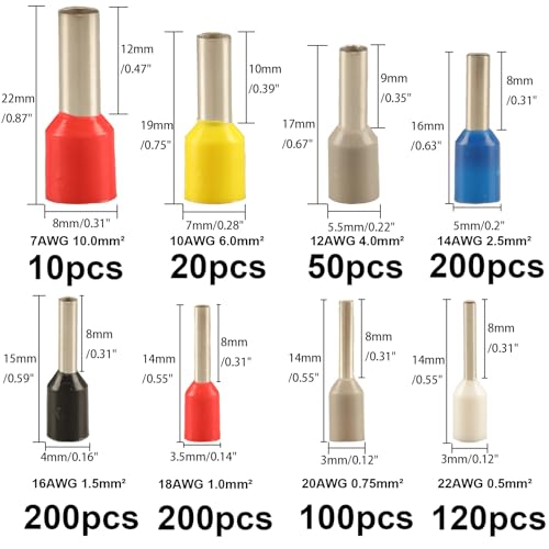 900pcs Wire Ferrule Terminals Kit - 8 Types AWG 22-7 Connectors, Pin Terminal Assortment, Copper Crimp Connector Insulated Cord End Terminal